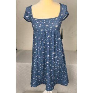 No Boundaries Baby Doll Dress Women Size XXS Blue Square Neck White Flowers New